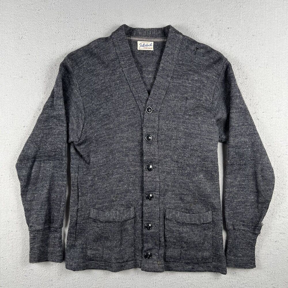 30s 40s Interlock Sportswear Virgin Wool‎ Cardigan Sweater Small Black